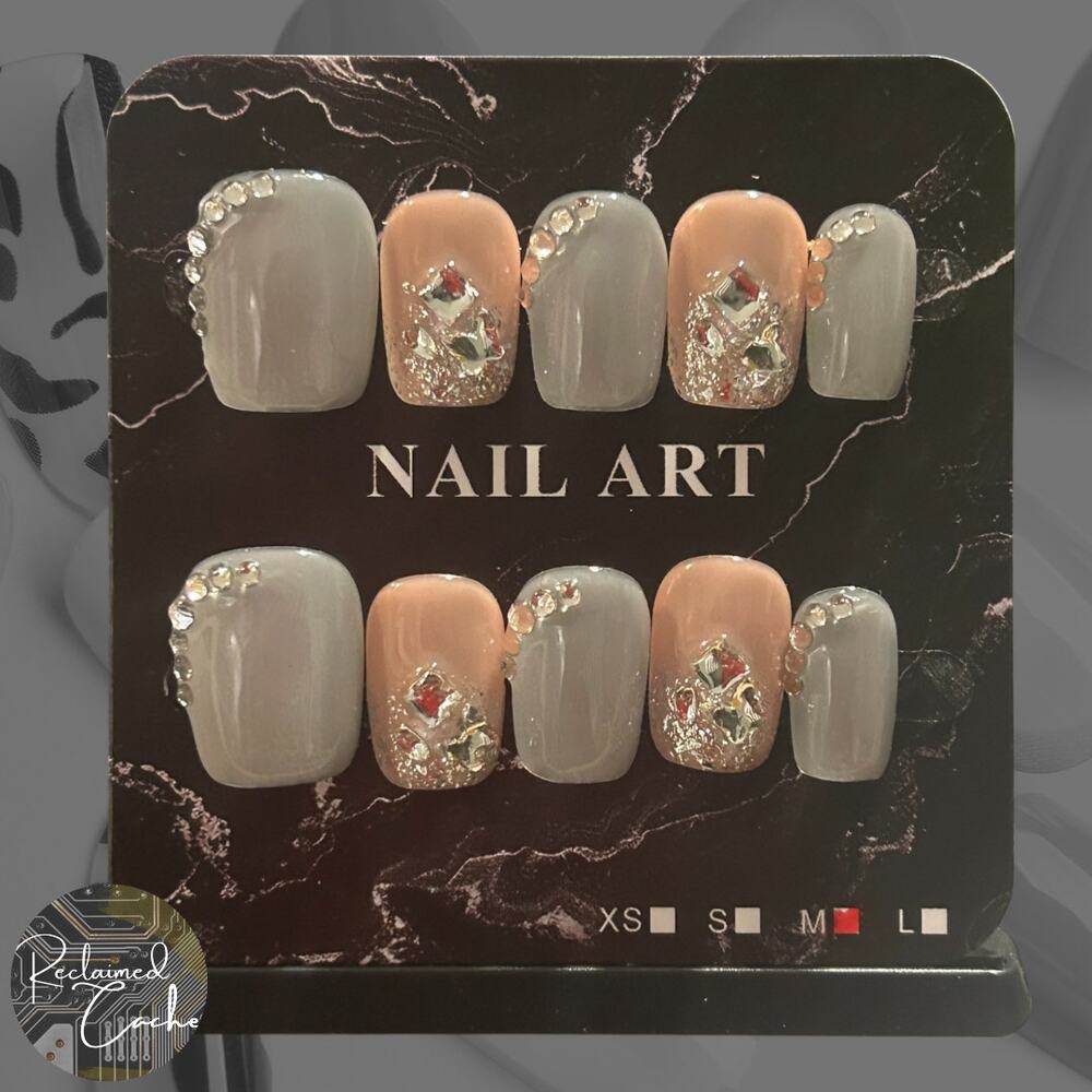 Silver and Mauve Short Square Press On Nails  - Size Medium